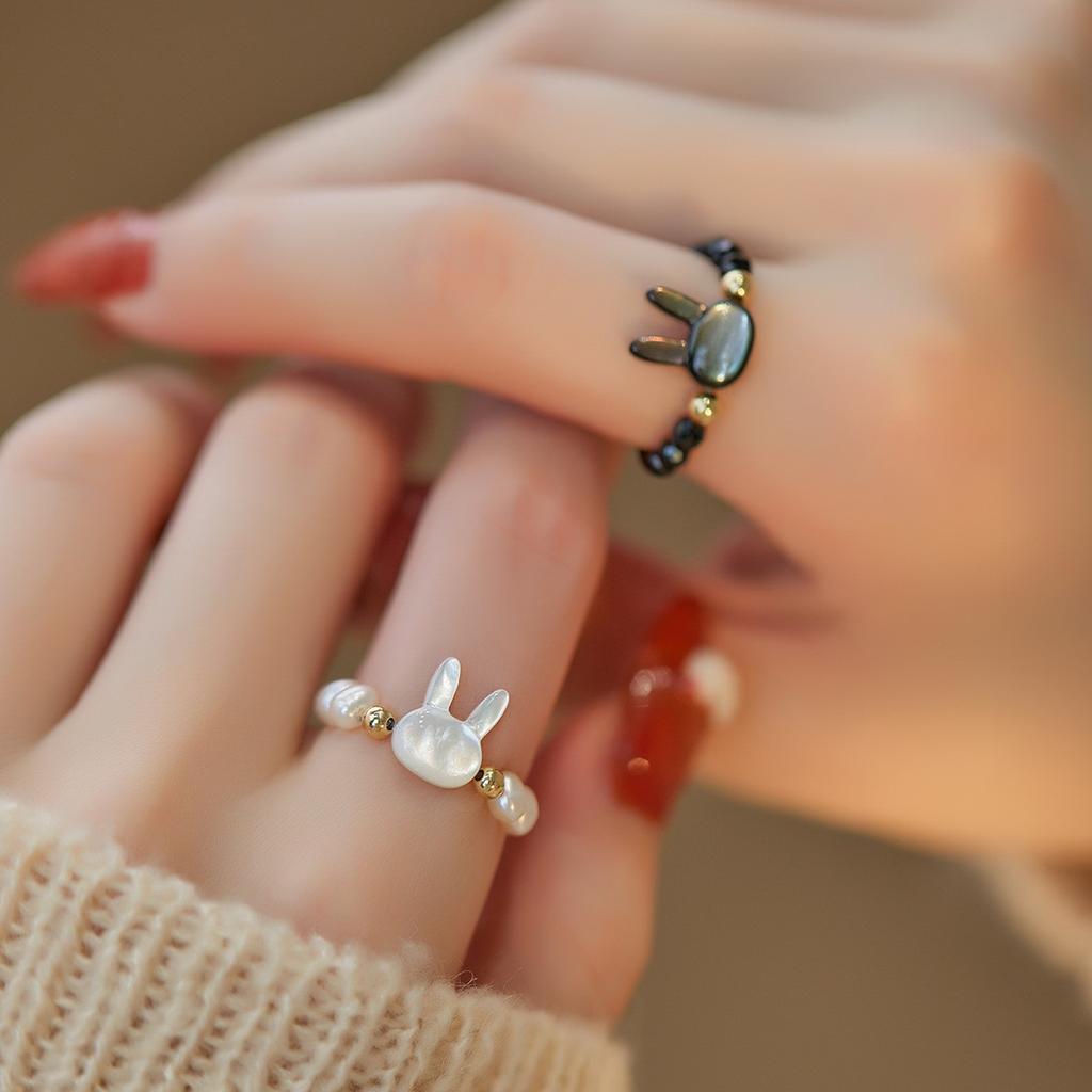 Shopkeeper's Recommendation Original design rabbit mother-of-pearl freshwater pearl rabbit ring joint tail ring for Japanese and Korean women