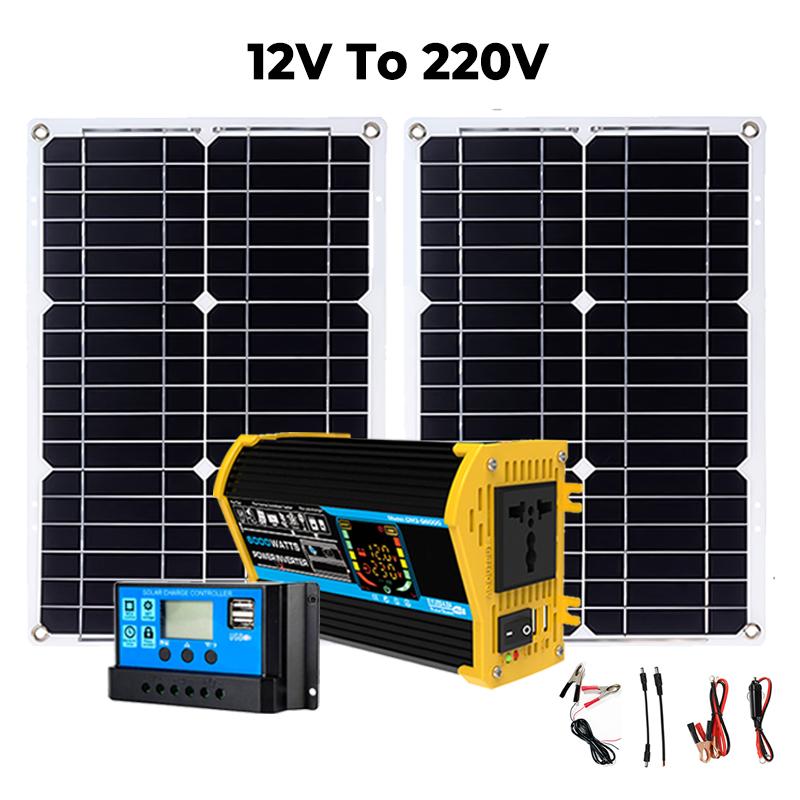 Solární generátor s 2x300W solárním panelem Solární systém Domácí Kompletní sada 6000W Měnič napětí 30A Regulátor Solární nabíjení Kempování