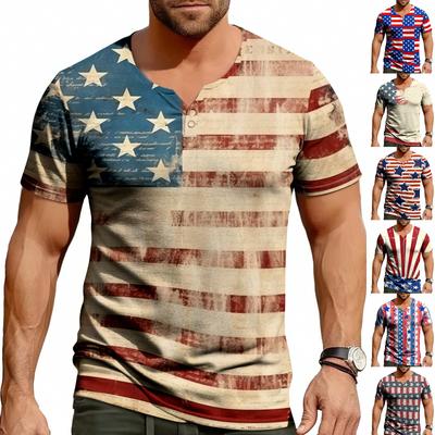 Men's Casual Summer V-neck Short Sleeved Top With Buttons, Independent Day Print Short Sleeved Top