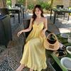 2026 new summer light yellow plaid holiday style backless dress, dopamine island beach neck dress