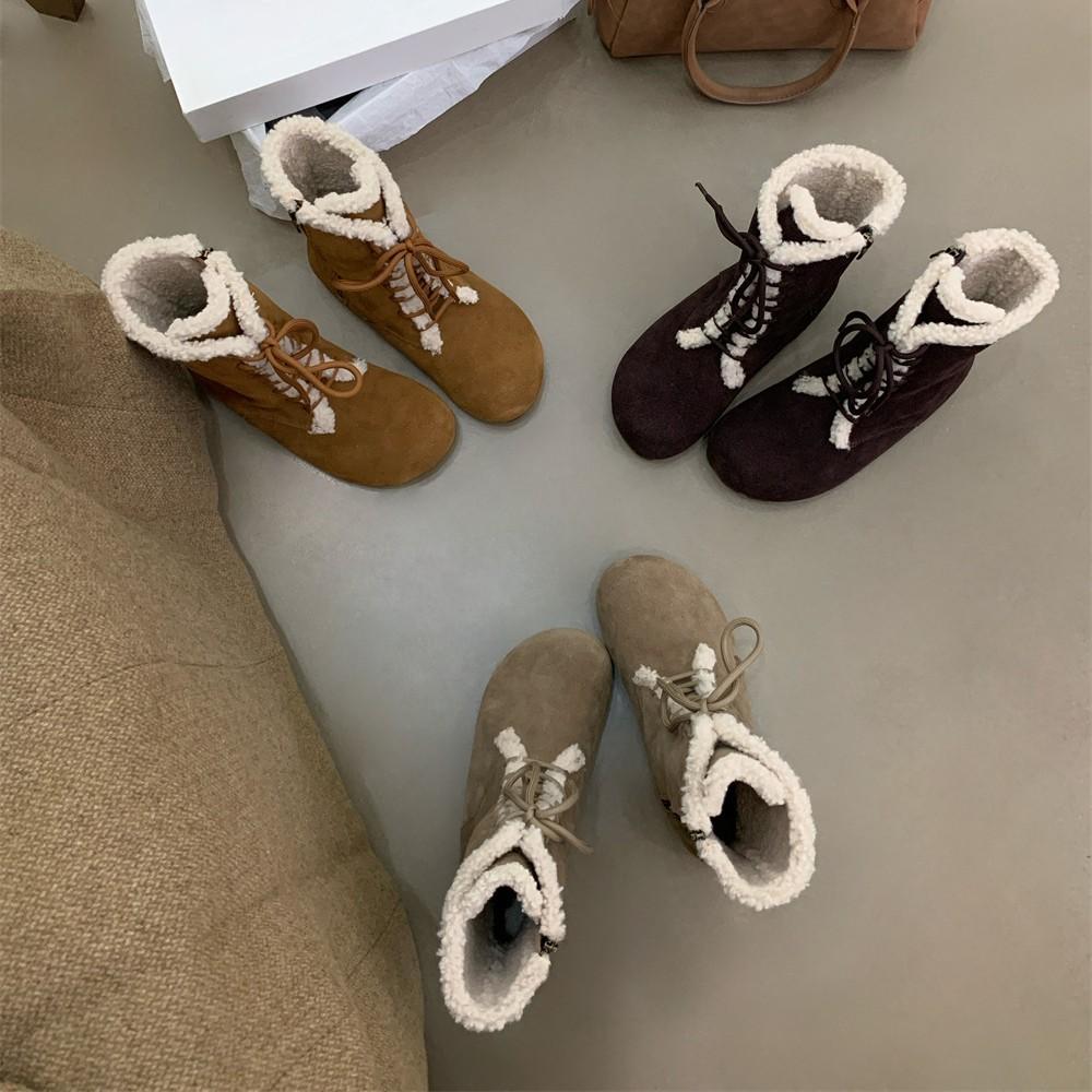 2025 Autumn and Winter New Round Head Velvet Lamb Wool Low Tube Thin Martin Snow Shoes Warm Women's Short Boots