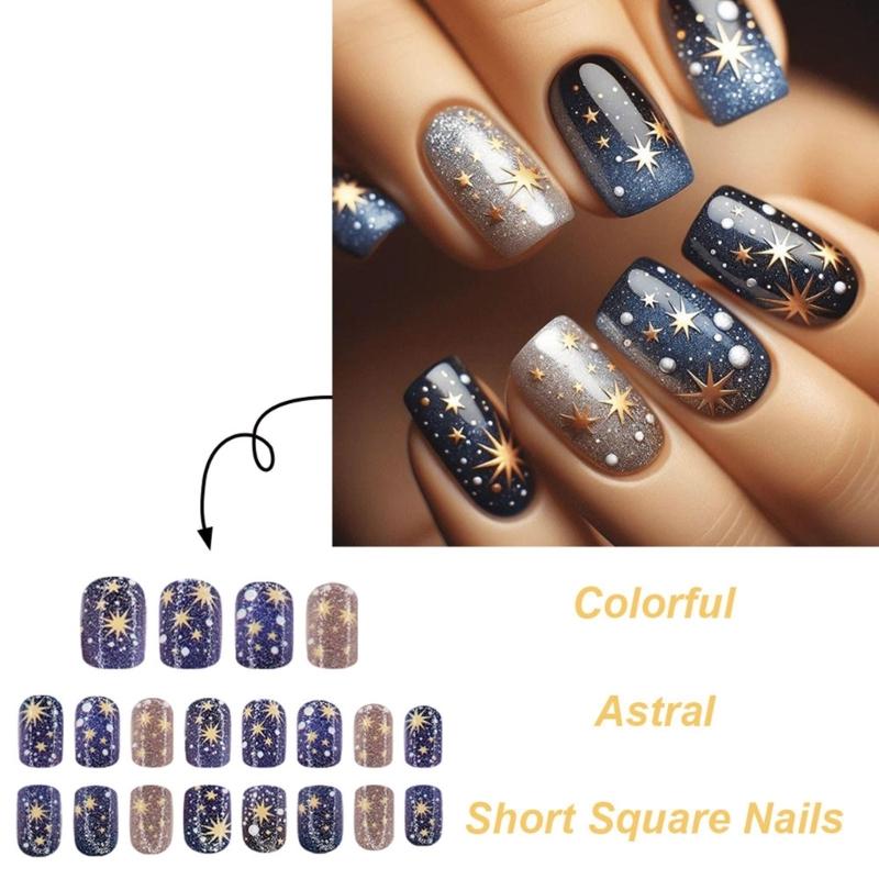 24 Pcs Astral Stick on Nail Colorful Artificial Nail Short Square False Nail Glossy Press On Nail for Woman Girls