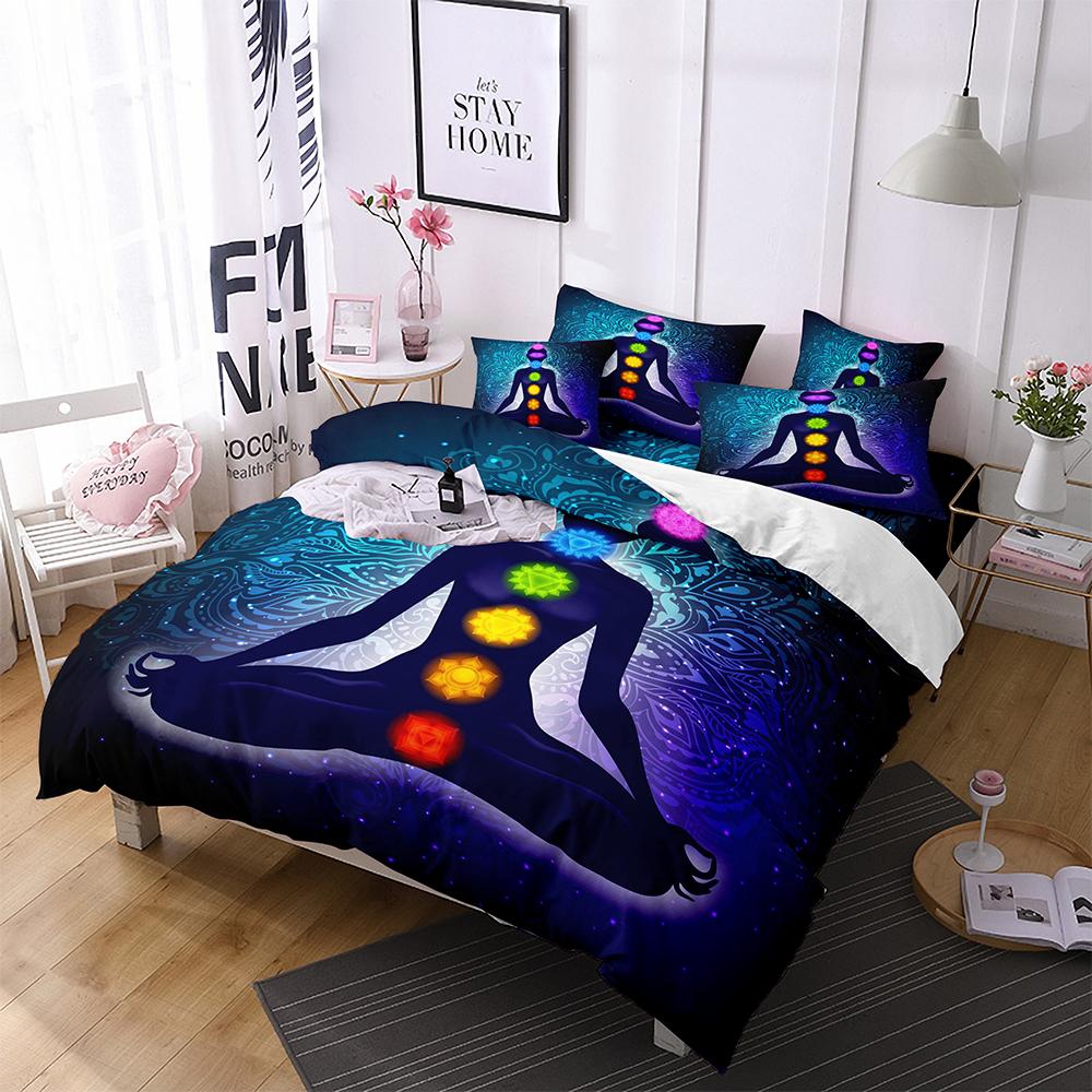 Yoga Duvet Cover King Queen Chakra Meditation Bedding Set Blue Mandala Boho Hippie Style With Chakra Art microfiberQuilt Cover