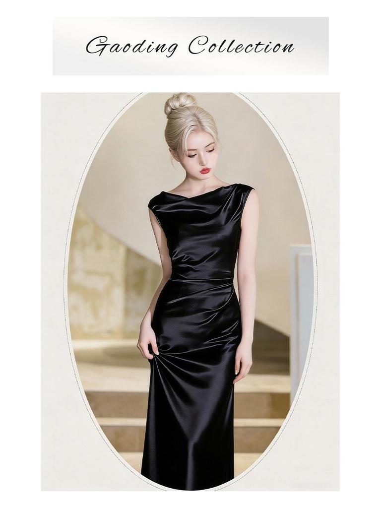 Haute Couture French Satin Draped Neck Resort Wedding Evening Gown for Women