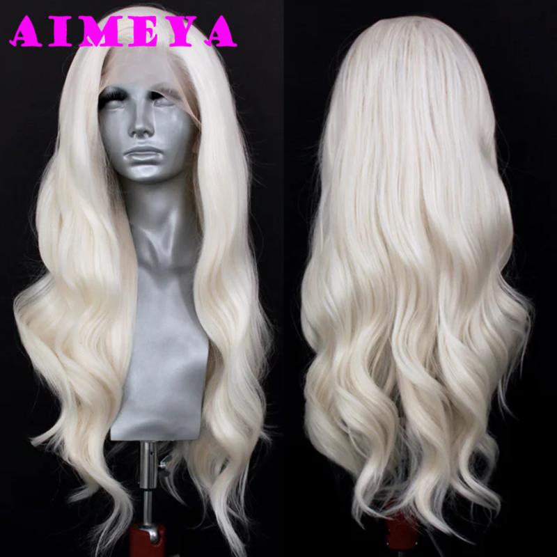 AIMEYA Platinum Lace Wig 13x4 Natural Hairline Blonde Synthetic Lace Front Wig for Women Long Natural Wave Daily Use Cosplay Wig