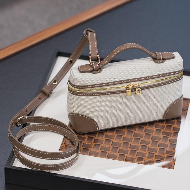 Canvas Contrast Lunch Bag Linen Vintage Genuine Leather Box Handbag Crossbody Small Size