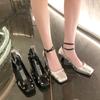 Fashion French Style Metallic Square Head Sexy Small Leather Shoes With Flat Heel And Single Button Buckle Elegant Thick High Heel Shoes