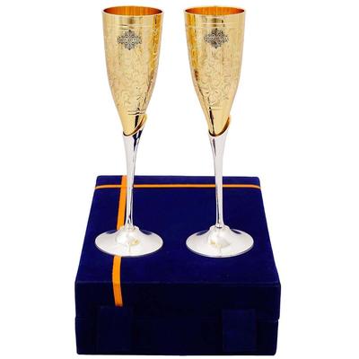 Guldpläterad Polerad Mässing Champagnevin Glas med Blå Låda, Präglad Design, Perfekt för Festligheter, Flöjtglas, Champagneglas