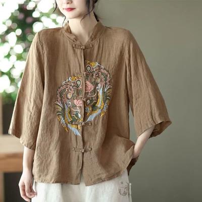 Spring Summer Chinese Style Fake Two-piece Cotton Linen Shirt Retro Button Seven Quarter Sleeve Embroidered Top Women Blouses Shirts