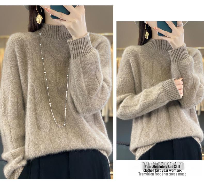 Women's Thickened Pure Wool Sweater - Half-High Collar, Full Body Cable Knit, Loose Fit, Versatile Drop Shoulder Design.
