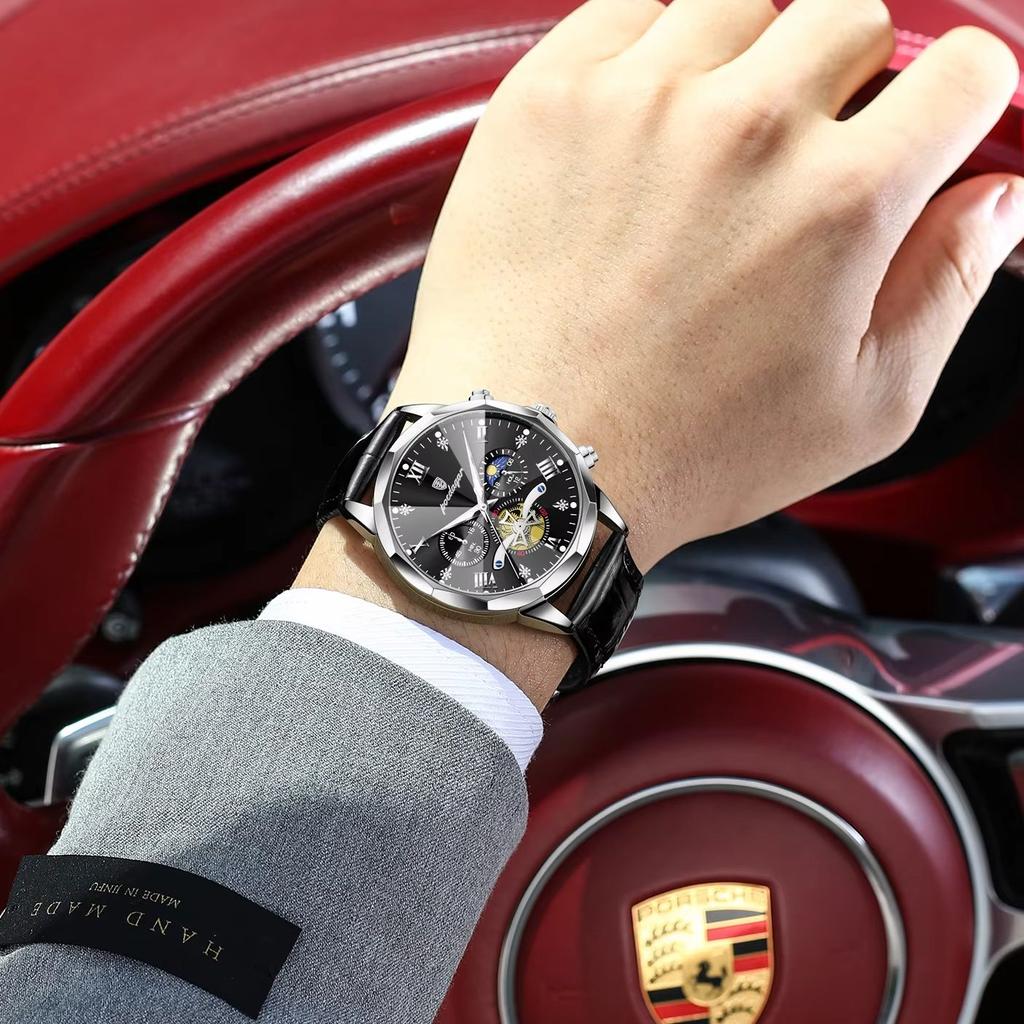 POEDAGAR Luxury Fashion Men Clock Chronograph Waterproof Luminous Military Man Watch Leather Quartz Business Men's Watches Reloj