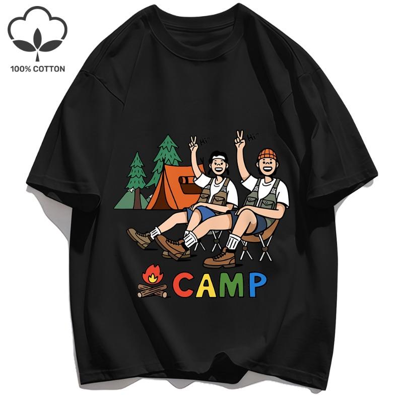 Attività Campeggio Felice Per Coppie Stampa T-Shirt Basiche Uomo T-Shirt Larga Casual Estiva Manica Corta Cotone Hip Hop Top