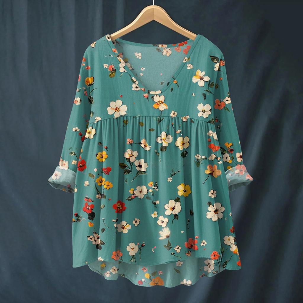 Damen Modisches Und Lässiges Hemd Langärmlig V-Ausschnitt Druck Baumwolle Und Leinen Bluse