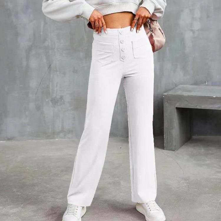 New Women High Waist Casual Straight Pants with Pockets European American Fashion Elastic Waist Button