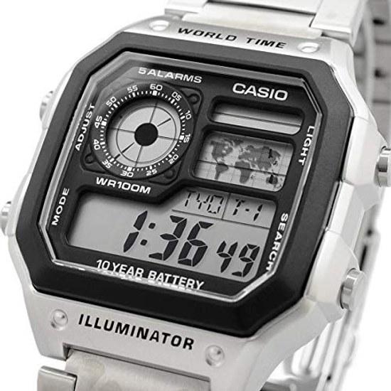 CASIO Cyfrowy zegarek z czasem światowym AE-1200WHD-1AV męski metalowa bransoleta srebrny model zagraniczny