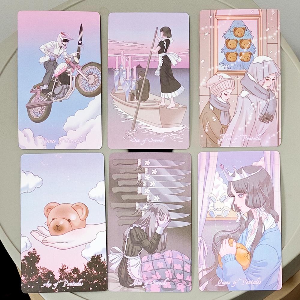 Kawaii Anime Tarot Deck 10.5*6cm - 78 Cards Coquette Aesthetic Pink Pastel Manga Tarot Cards - "HORANG NAVI" Double-embossed