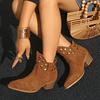 Botas Cowboy Ocidentais de Cano Curto Novas para Mulheres Camurça Salto Grosso Bico Fino Boca V Afunilantes Estilo Britânico Retrô Botas Curtas Mulher
