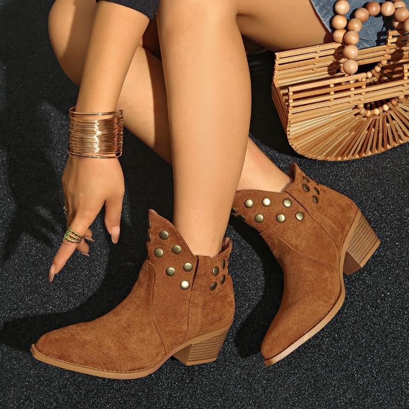 Fashion Stylish Shorthole Boots Autumn New Pointed Toe Suede Rivet Non-Slip Wear-Resistant Block Heel Boots