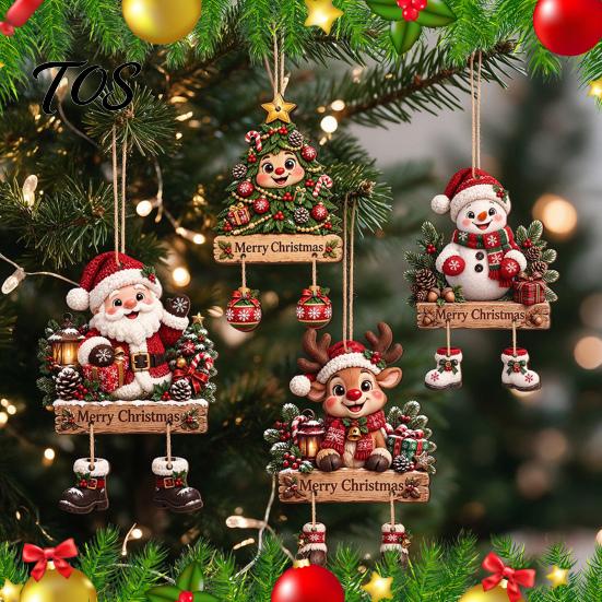 Rustic Xmas Wall Plaque Christmas Wooden Hanging Sign, Decorative with Hemp Rope, 2D Gift for Friends Flat Tree Pendant Holiday Home Door Fireplace