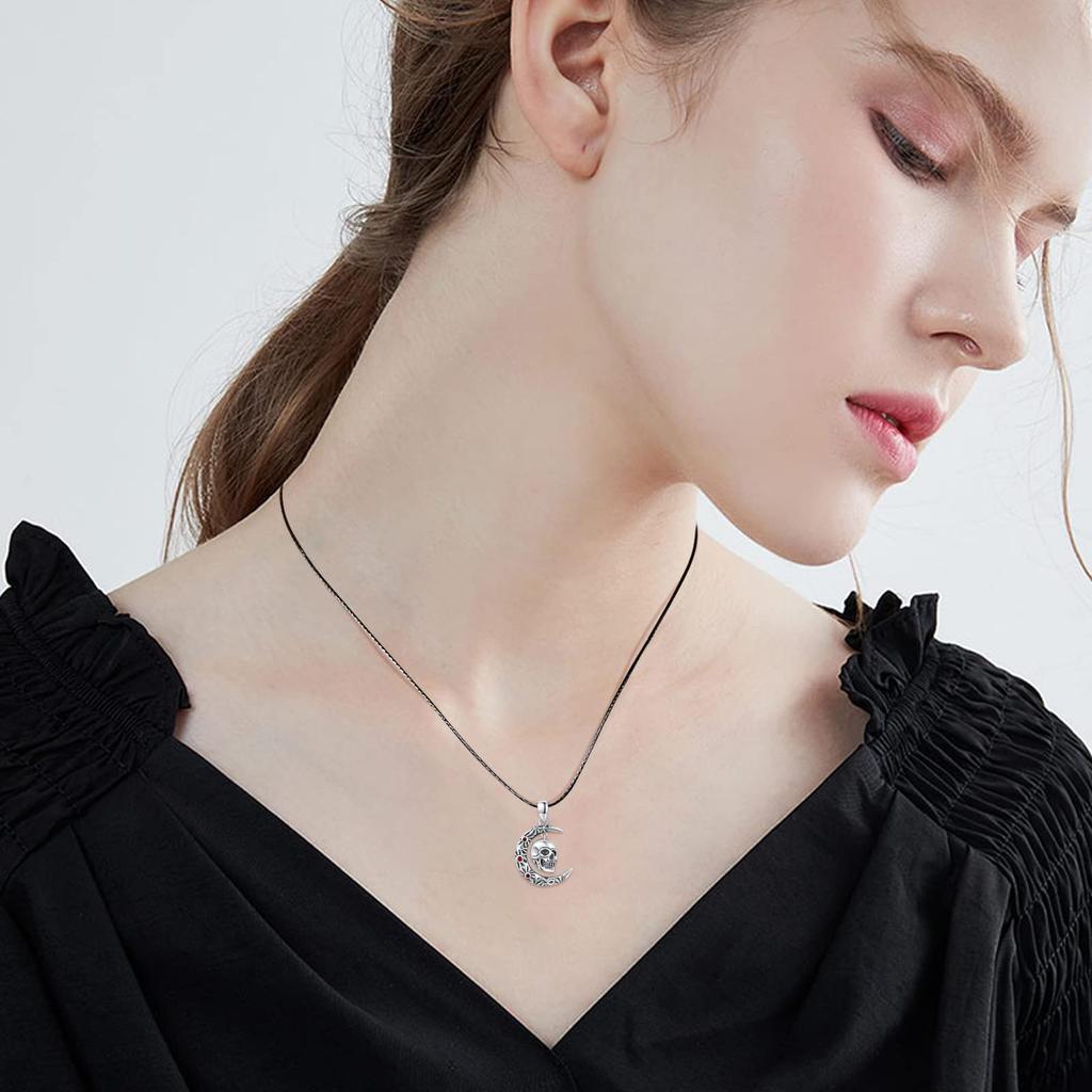 CUOKA MIRACLE Skull Necklace, 925 Sterling Silver, Moon, Crescent Moon Skull Jewelry Pendant Necklace, Gothic Skull Horror Jewelry, Gift for Women,