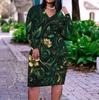 Women Plus Size V Neck Long Sleeve Floral Printed Dark Green Fitted Dress