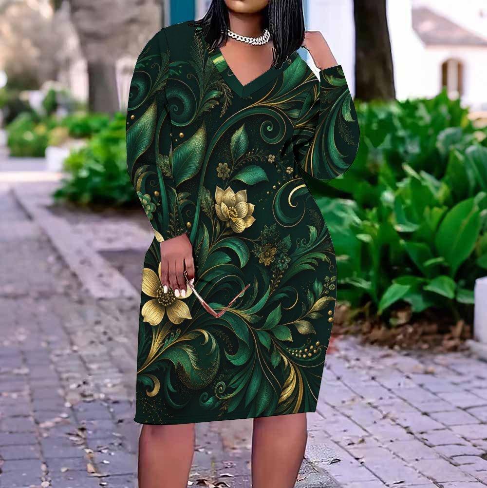 Women Plus Size V Neck Long Sleeve Floral Printed Dark Green Fitted Dress