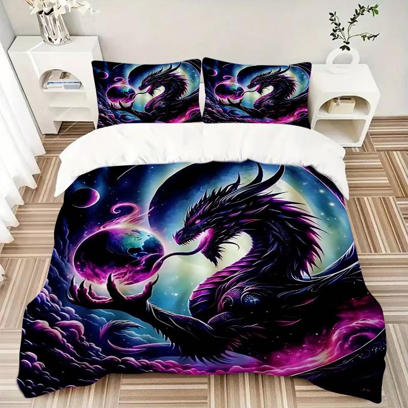 3pcs Galactic Dragon with Flames and Whiskers Pattern Bedding Three-Piece Set (1 Cover + 2 Pillowcases, No Fillings), This Printed Bedding S