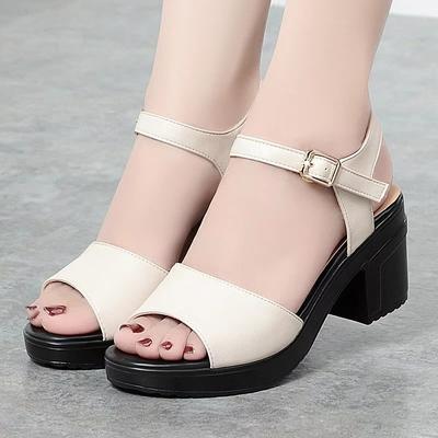 7cm Fashion Office Ladies Thick Bottom Platform Shoes Soft Leather Sandals 2025 Summer Soft Leather Med Block Heels Sandals Mom