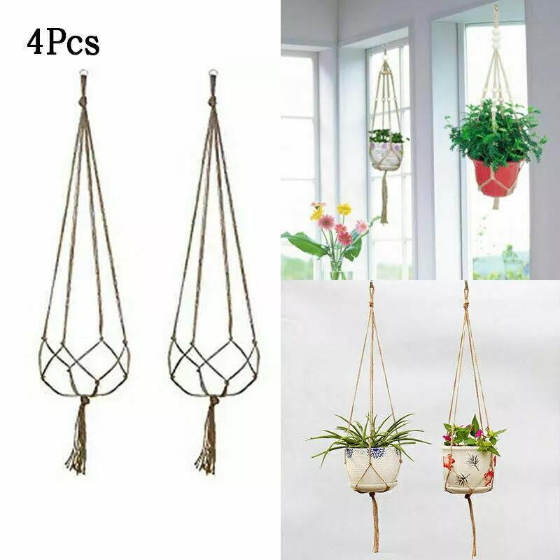 4Pcs Macrame Jute Plant Hanger Flower Pot Holder Wall Art Garden Hanging Rope