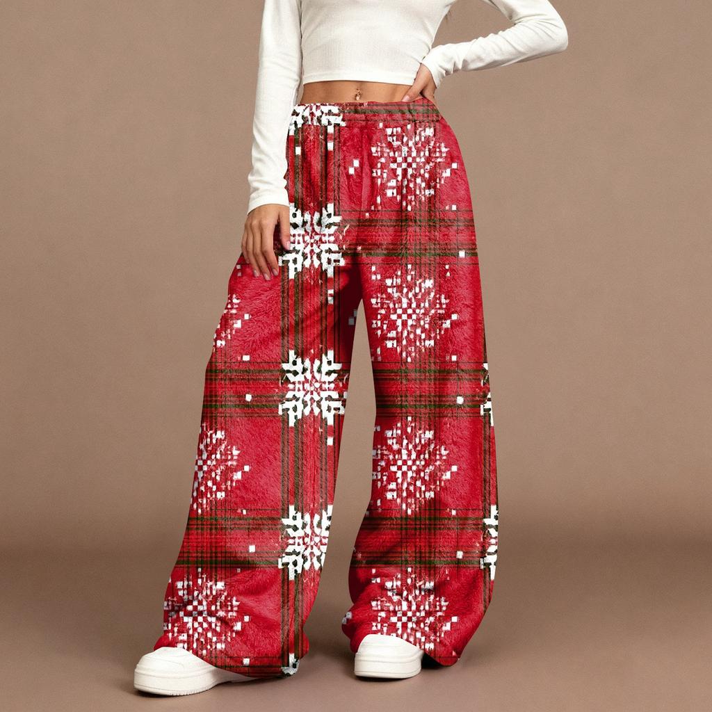 Women's Casual Fashion Christmas Print Elastic Waist Loose Plush Wide Leg Pants