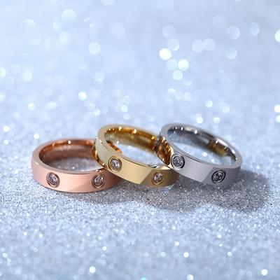 Titanium Steel Couple Ring Fashion Rose Gold Stainless Steel Six Rhinestone Ring Gift for Men and Women AVE