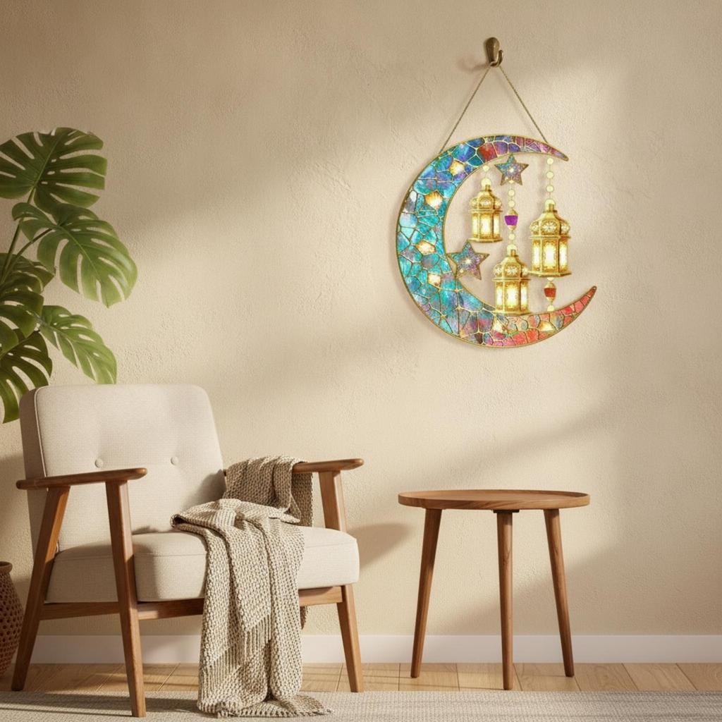 Gold-Tone Moon Hanging Ornament with Lanterns Vibrant Suncatcher
