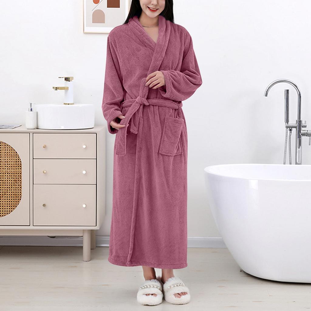 Women's Solid Color Long Sleeve Winter Warm Bathrobe Home Wear Plush Pajamas Nightgown