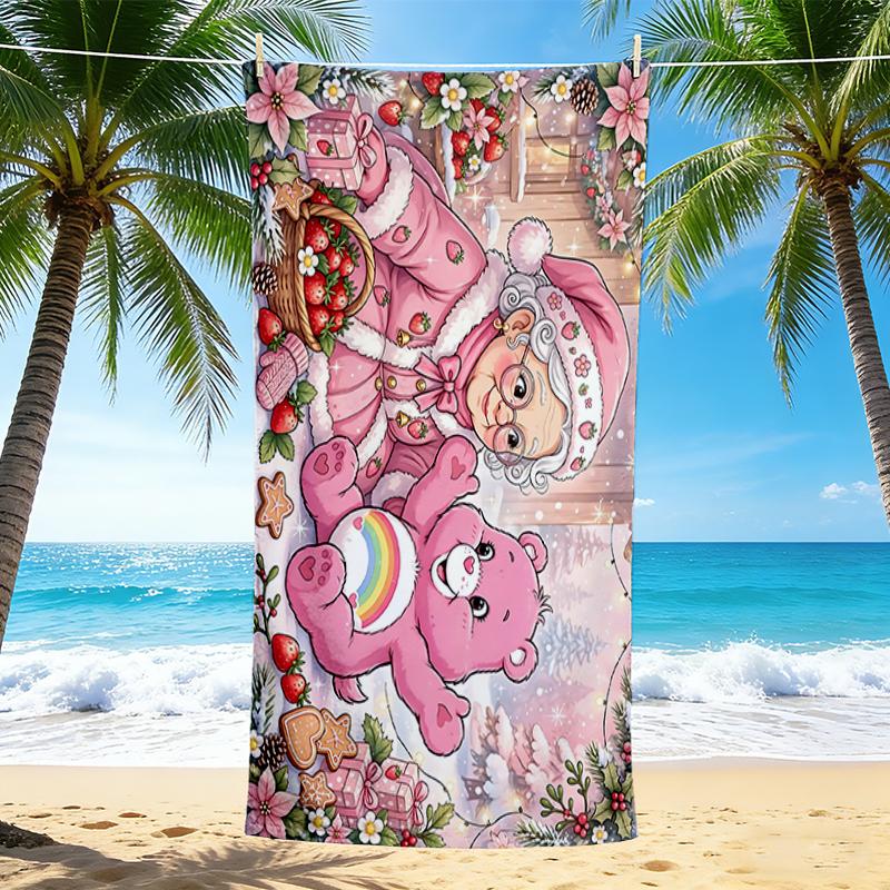 1Pc Christmas Festive Teddy Bear Cozy Scene Beach Towel, Quick Dry, Multi-Use for Beach Pool Gym Yoga Home Travel, Christmas, Halloween, Xmas Gift