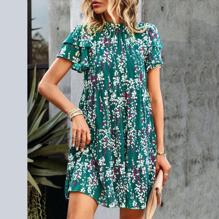 Bohemian One Piece Casual Dress Women Floral Printed Loose Chiffon Short Sleeve Above Knee