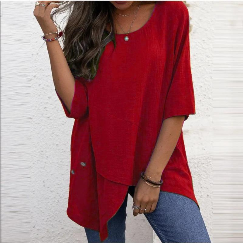 Women's Cotton Linen Round Neck Irregular Shirt Five-quarter Sleeve Tops Women’s