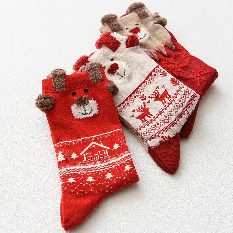 3Pairs/Set New Winter Warm Christmas Socks Deer Elk Xmas kawaii Xmas Socks for Women Girls New Year Gifts Stylish Sokken