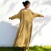 Johnature Women Vintage Dresses Spring Chinese Style Solid Color Robes V-Neck Long Sleeve A-Line Dress