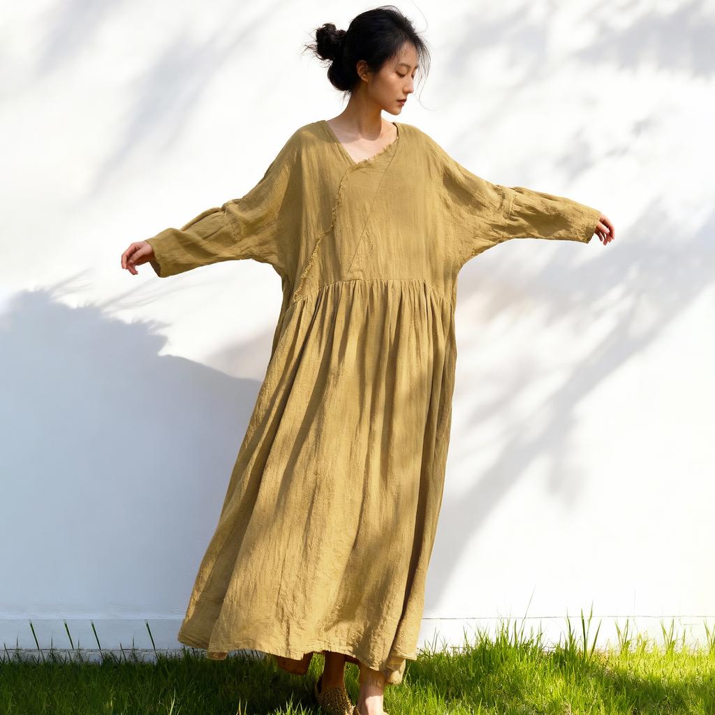 Johnature Women Vintage Dresses Spring Chinese Style Solid Color Robes V-Neck Long Sleeve A-Line Dress
