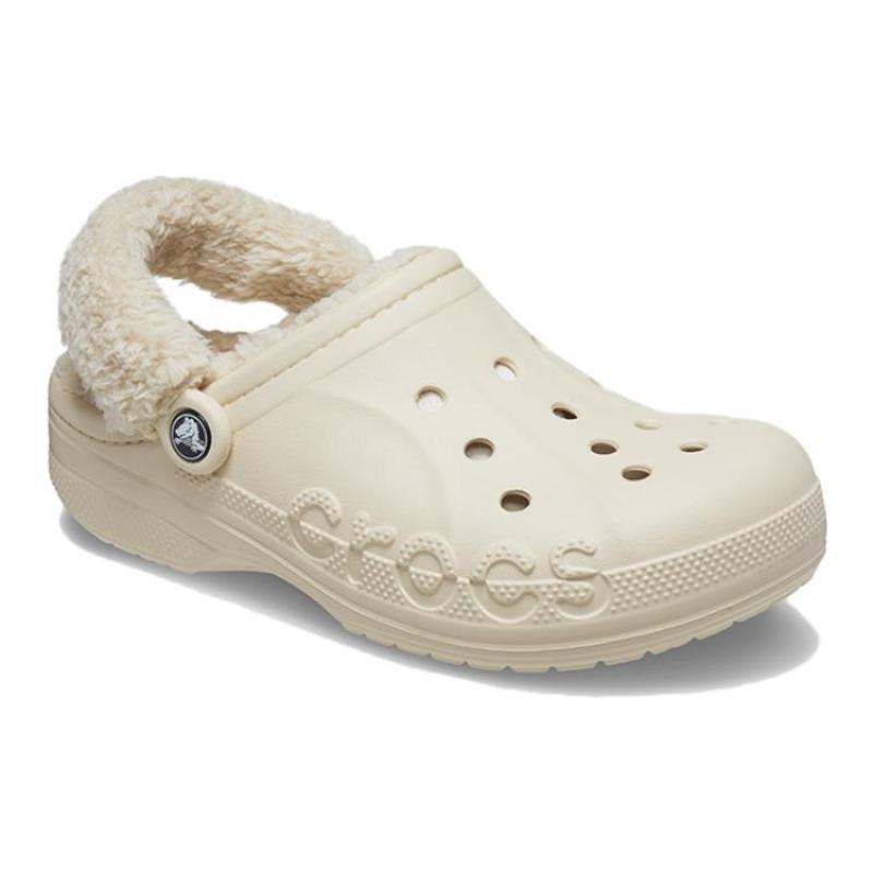 Crocs Baya Lined Fuzz Strap Clogs EVA Comfortable Everyday Sandals Unisex White Plush Part Non-Removable