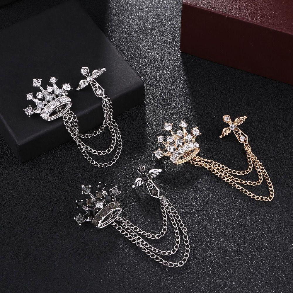 Rhinestone Crown Tassel Brooch Cross Suit Collar Pin Unique Suit Lapel Pin Male Charm