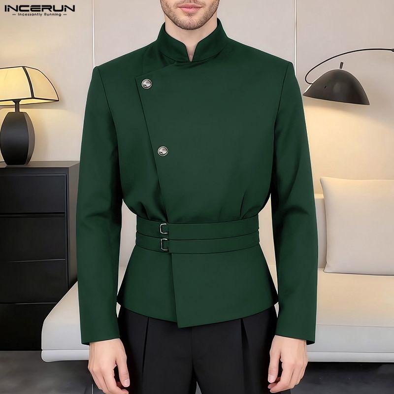 INCERUN Spring Men Stand Neck Long Sleeve Side Buttons Casual Thin Coats