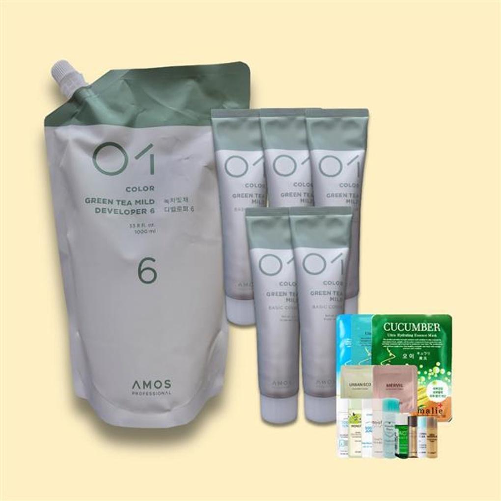 Amos Green Tea Basic Cover Dye 8.3 Gold Light Brown 5ea + Developer (Oxidizer Bleaching Agent) + 80 Container + Random 1ea