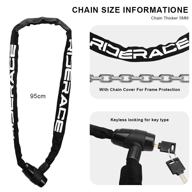 RIDERACE Candado de Cadena para Bicicleta Portátil Antirrobo Alta Seguridad Candado para Bicicleta de Montaña MTB Con 2 Llaves Para Scooter Eléctrico E-Bike
