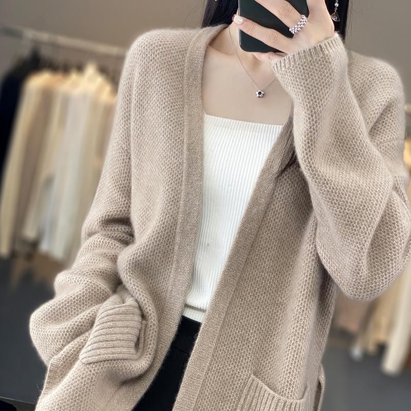 

Кардиган средней длины с V-образным вырезом, женские осенне-зимние модели со свободным поясом, свитер, шерстяная вязаная куртка XL
