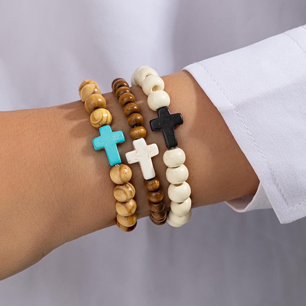 Bohemian Style Cross Wooden Bead Bracelet Set, Vintage Stackable Stretch Bracelets