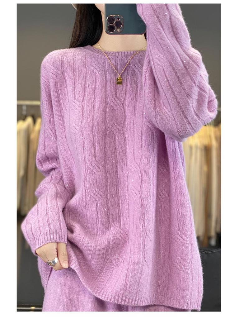 2025 Autumn/Winter Pure Wool Cable Knit Set: Round Neck Sweater & Sequin High-Waist Wide-Leg Pants
