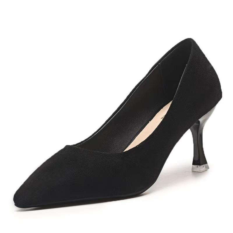 Student etiquette black stiletto high heels low heels women's new stiletto pointed suede work shoes women