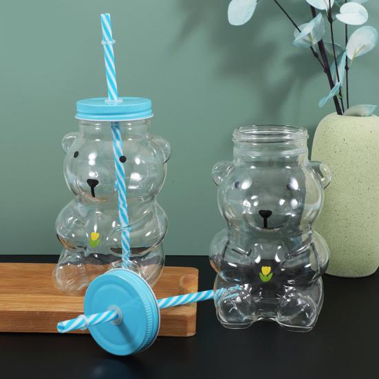 500ml Glass Cup with Straw Reusable Bear Bottle Food Grade Borosilicate Glass Heat Resistant Microwave Safe Drinking Bottle