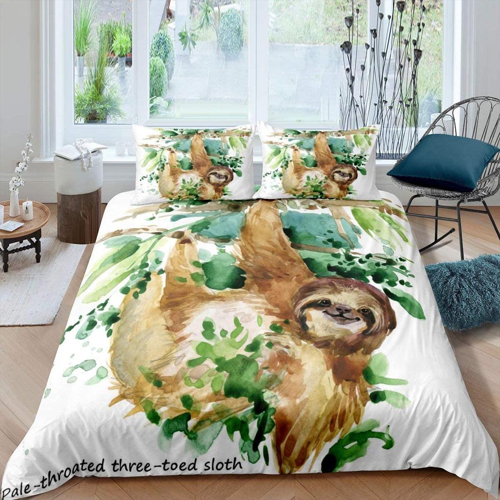 Kids Sloth Duvet Cover Set Queen King Size, Cute Animal Pattern Polyester Comforter Cover, Branches Winter Theme For Boys Girls